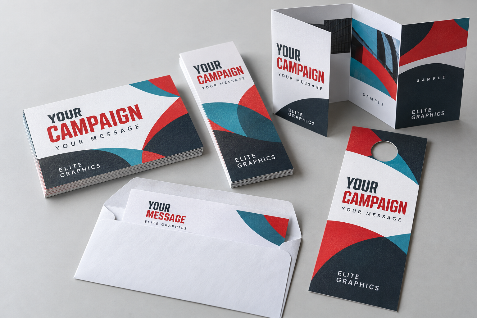 Illustrative campaign printing collection with postcards, brochures, palm cards, letter package and doorhanger